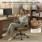 Brown Office Chair with Triple-Layers Thicken Wide Seat, Mid Back Leather Desk Chair with Wheels and Arms, Mid-Century Modern Computer Chair for Home Office