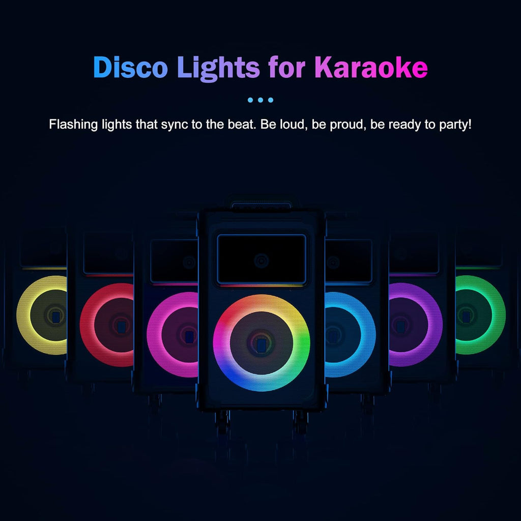 JYX Karaoke Machine with 2 Wireless Mics  10" Woofer 500W Peak Power Big Portable Bluetooth Speaker with Bass/Treble Adjustment  PA System with Remote Control  LED Lights  Rolling Wheels and Trolley