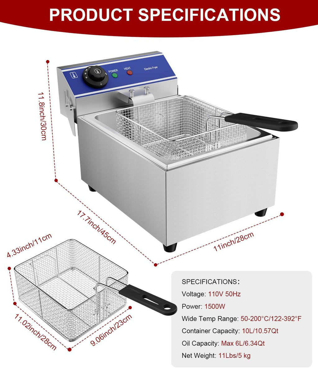 DULONG Commercial Electric Deep Fryer,10.57/10L Countertop Stainless Steel Deep Fryer with Basket,1500W Temperature Control Single Large Tank Fryer for Restaurant Home Kitchen