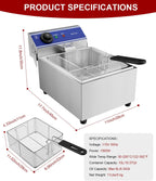 DULONG Commercial Electric Deep Fryer,10.57/10L Countertop Stainless Steel Deep Fryer with Basket,1500W Temperature Control Single Large Tank Fryer for Restaurant Home Kitchen