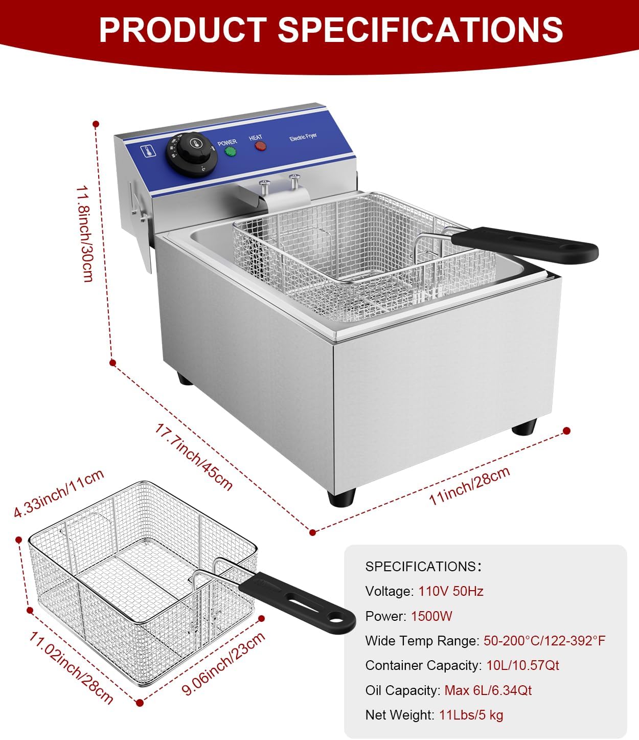 DULONG Commercial Electric Deep Fryer,10.57/10L Countertop Stainless Steel Deep Fryer with Basket,1500W Temperature Control Single Large Tank Fryer for Restaurant Home Kitchen