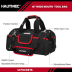 HAUTMEC 2-Piece Rolling Tool Bag Set, 15" Wheeled Tool Bag & Wide Mouth Tool Tote, Heavy-Duty Tool Storage Organizer with Durable Off-Road Wheel, Steel Telescoping Handle & Shoulder Strap – HT0288