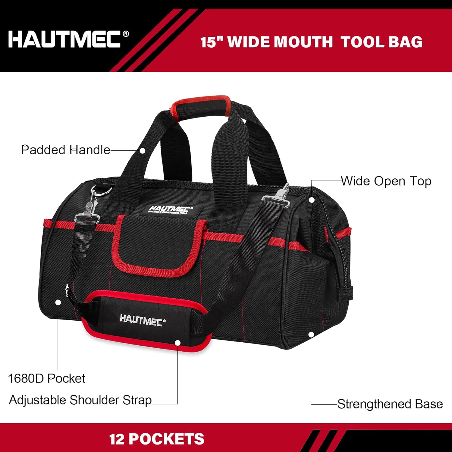 HAUTMEC 2-Piece Rolling Tool Bag Set, 15" Wheeled Tool Bag & Wide Mouth Tool Tote, Heavy-Duty Tool Storage Organizer with Durable Off-Road Wheel, Steel Telescoping Handle & Shoulder Strap – HT0288