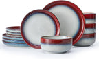 KINGSTONE Stoneware Dinnerware Sets for 4, 12-Piece Reactive Glaze Plates and Bowls Sets, Scratch-Resistant Rustic Ceramic Dish Set for Home Kitchen, Microwave and Dishwasher Safe, Kiln-Fired Red