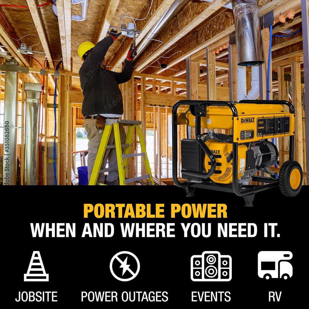 DeWalt 5 000 Starting Watt Portable Gas Generator  223cc Engine  Idle Control Technology  CO Protect Carbon Monoxide Detection  Never-Flat Wheels  Heavy Duty Steel Frame  Emergency Jobsite Power