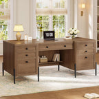 63" Executive Desk with 5 Drawers, Farmhouse Home Office Desks with 2 Storage Cabinet and Keyboard Tray, Large Boss Desk with Privacy Panel, Modern Table with Open Shelf and File Drawer