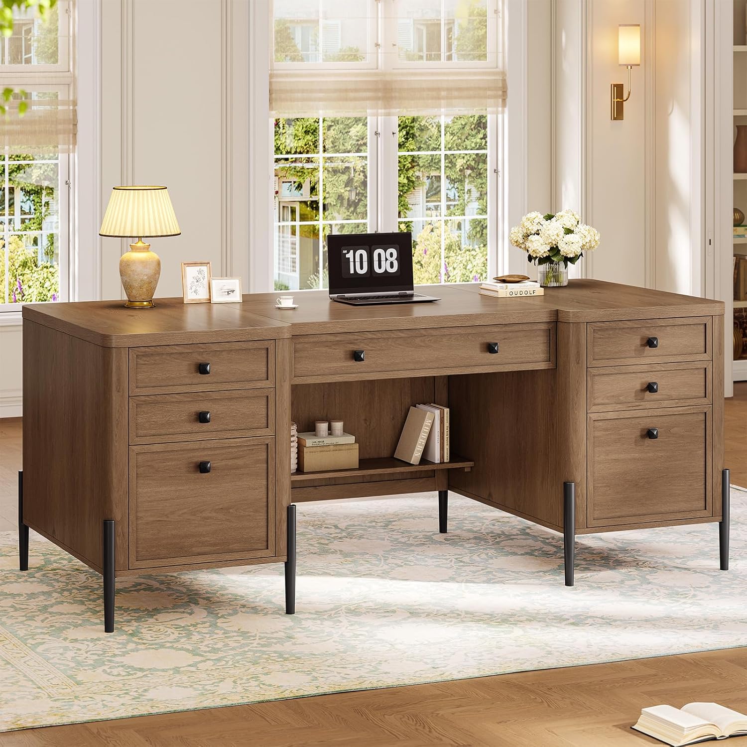 63" Executive Desk with 5 Drawers, Farmhouse Home Office Desks with 2 Storage Cabinet and Keyboard Tray, Large Boss Desk with Privacy Panel, Modern Table with Open Shelf and File Drawer