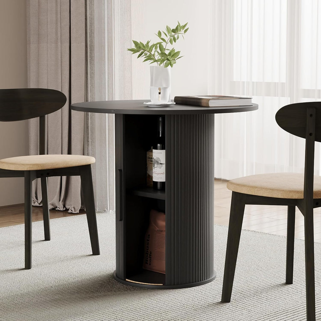 31.5" Round Dining Table for 2-4, Modern Kitchen Table with 2-Tier Storage Shelf, Small Wooden Circle Dining Tables with Fluted Base for Home Dining Room Living Room (Black)