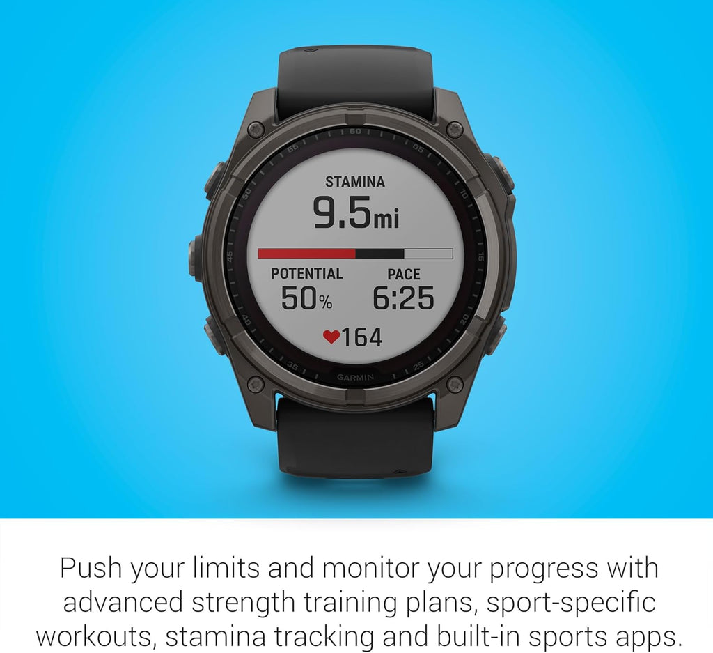 Garmin Fenix 8 Premium Multisport GPS Running Smartwatch  51 mm  Sapphire  Solar  Dive-Rated  Built-in Flashlight  DLC Titanium with Pebble Gray Band - Signature Series Charging Stand
