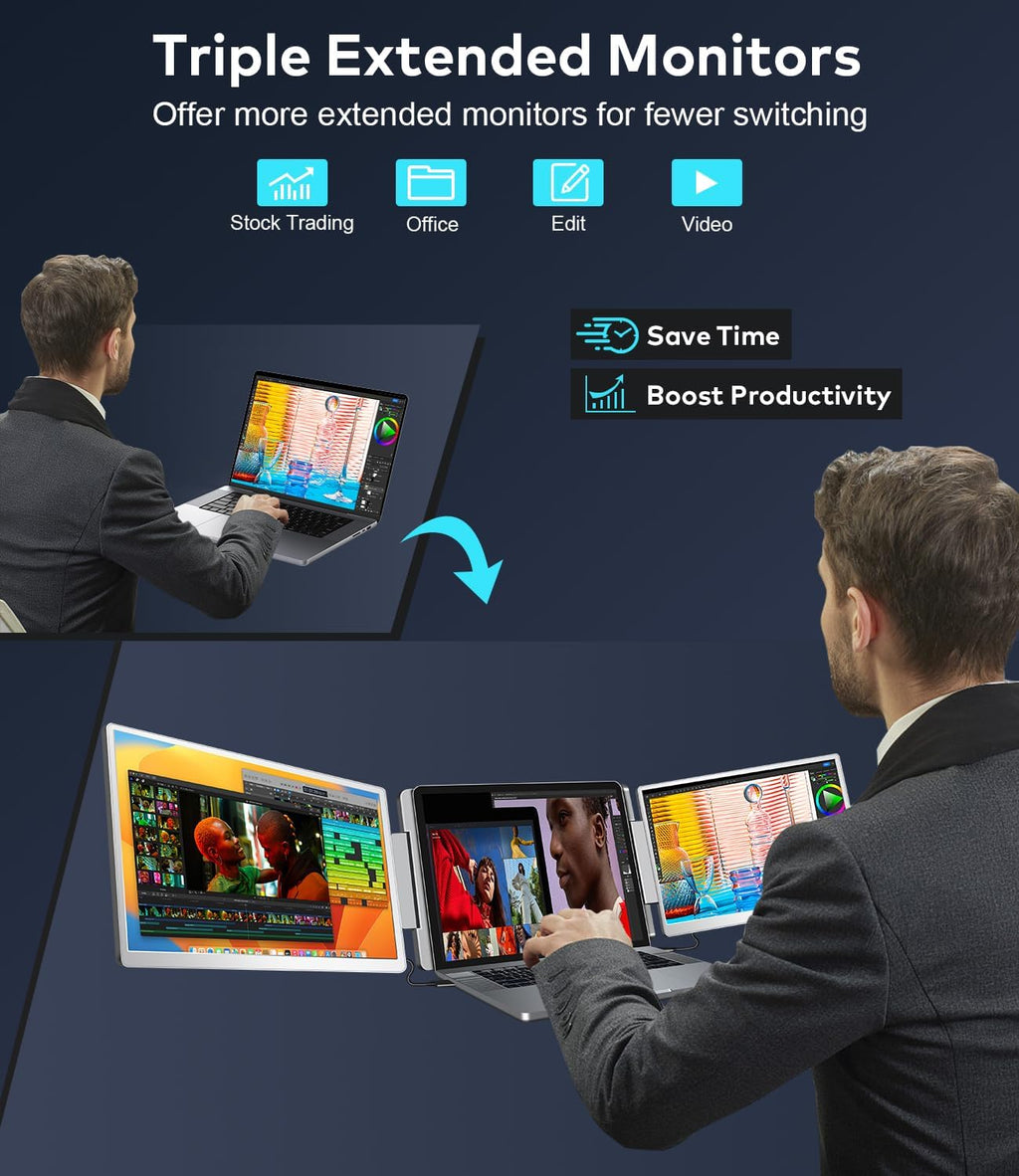15.6" Laptop Screen Extender  Left Screen 360° Flip Triple Screen Monitor Extender  FHD 1080P IPS Portable Travel Monitor Display  fit for 12–18.5" Laptops  Compatible with Windows and MacBook-S10