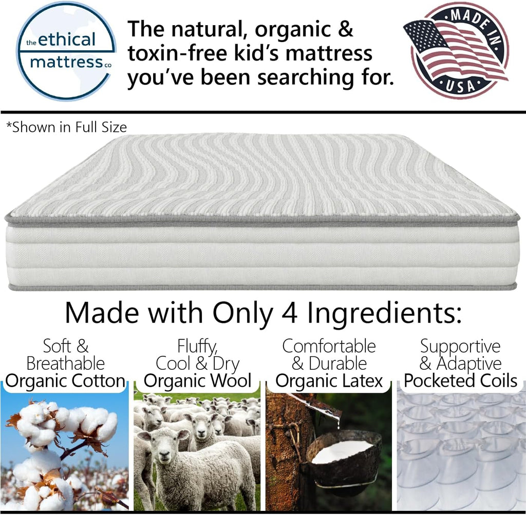 Ethical Mattress CO 6" Kid's Mattress, Toxin-Free, Made in The USA with Organic Cotton, Wool, Latex & Pocketed Coils (Bed-in-a-Box); Perfect for bunk beds, trundles & Platform beds - Full Size