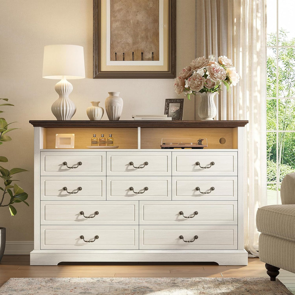 EnHomee 10 Drawers Dresser for Bedroom 55.2''Wide Wood Dresser White with LED & Power Outlet Large Space Saver & Chests of Drawers for Hallway, 55.2" W x 39.4" H x15.8 D