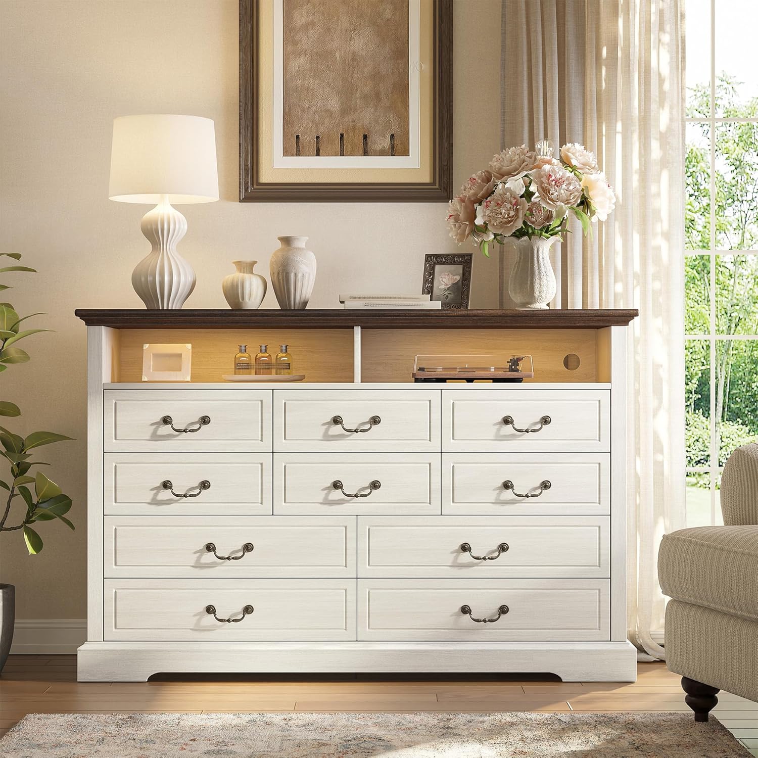 EnHomee 10 Drawers Dresser for Bedroom 55.2''Wide Wood Dresser White with LED & Power Outlet Large Space Saver & Chests of Drawers for Hallway, 55.2" W x 39.4" H x15.8 D