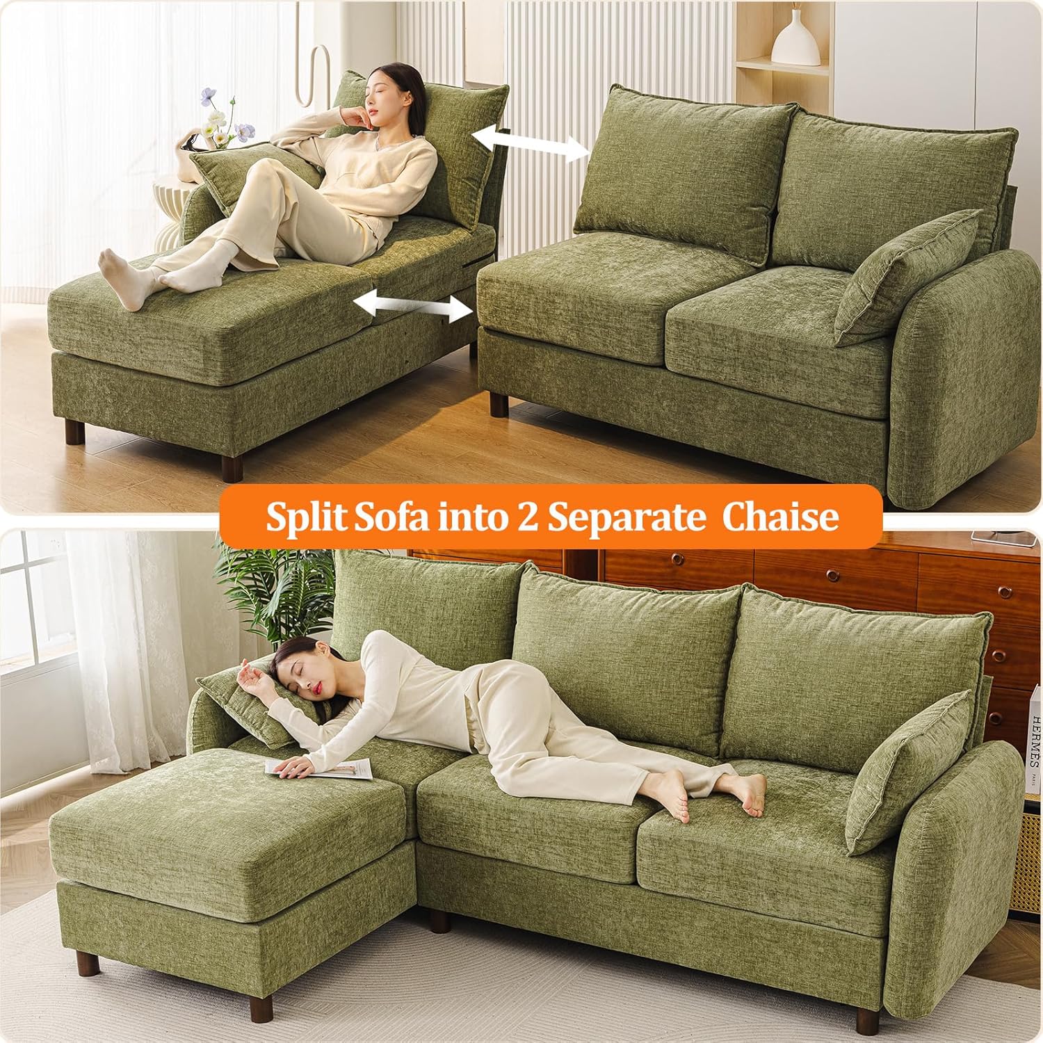 86'' Sectional Couches, L Shaped Couch with Movable Chaise Lounge,Comfy 3 Seats Sofa with Thick Cushion,Wood Legs,2 Throw Pillows,Sectional for Living Room,Bedroom,Apartment,Chenille,Green