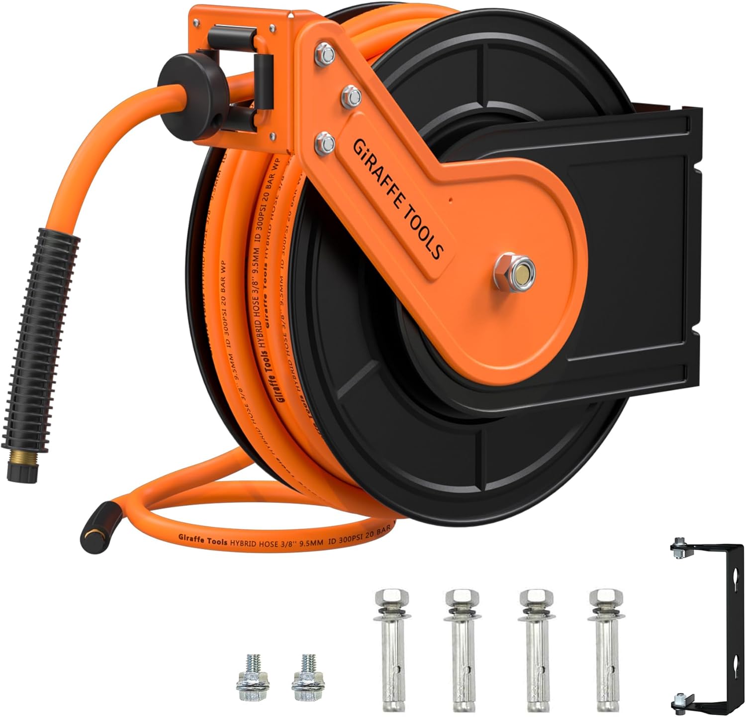 Giraffe Tools Retractable Air Hose Reel, 3/8" Hybrid Hose, Air Compressor Heavy Duty Steel Reel Auto Rewind 300PSI, Wall Mount with Swivel Bracket, 50ft
