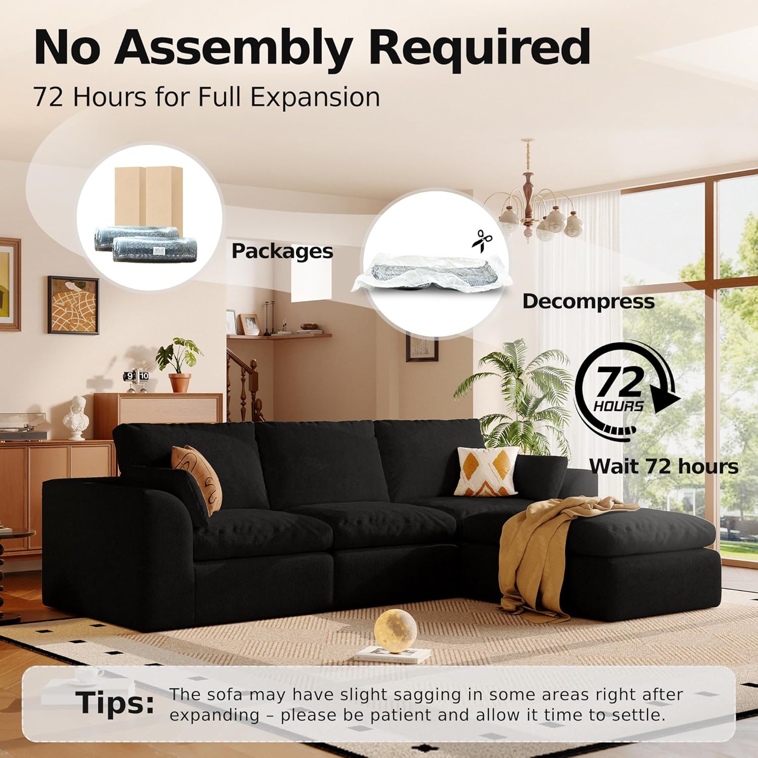 108'' Boneless Cloud couches for Livingroom,Sectional L-Shape Couch with Ottoman,3 Seater Convertible Modular Soft Sofa,White (Black)