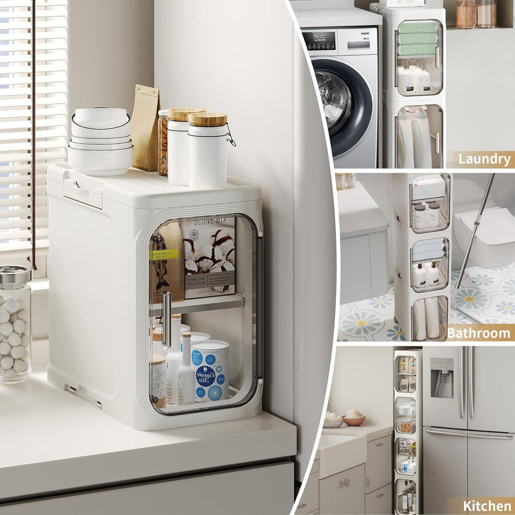 5-Tier Tall Narrow Storage Cabinet, Slim Bathroom Storage Cabinet with Adjustable Shelves and Wheels, Narrow Organizer for Small Space, Bathroom, Kitchen, Laundry, White