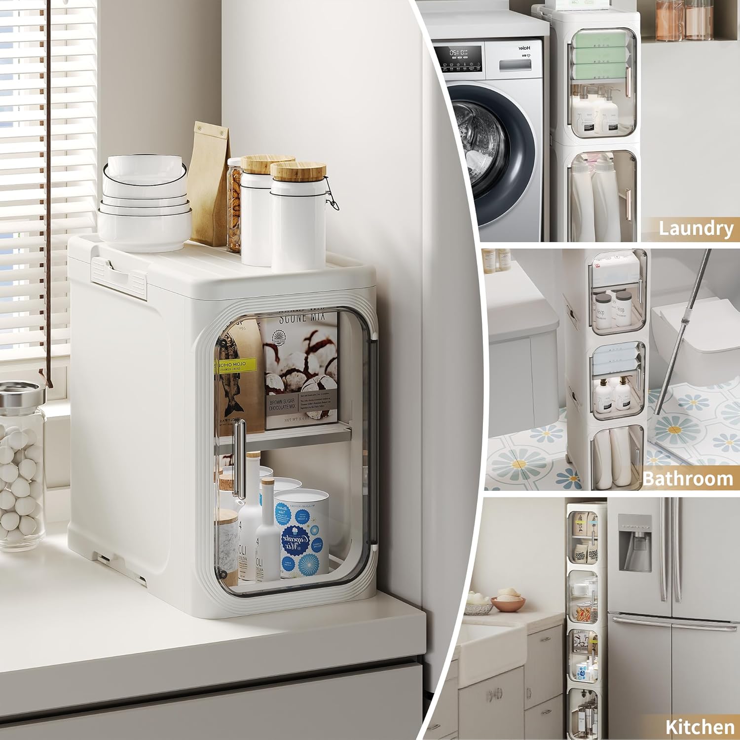 5-Tier Tall Narrow Storage Cabinet, Slim Bathroom Storage Cabinet with Adjustable Shelves and Wheels, Narrow Organizer for Small Space, Bathroom, Kitchen, Laundry, White