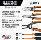Klein Tools 94130 1000V Insulated Screwdriver Tool Set, Made in USA, with #2 Phillips and 1/4-Inch Cabinet Slim Tips, 2 Insulated Pliers and Wire Stripper