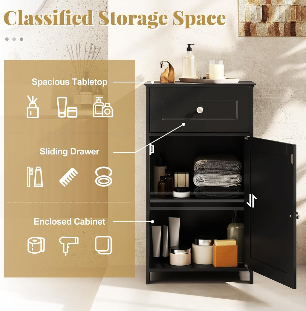 Giantex Floor Bathroom Storage Cabinet - Freestanding Cabinet with Drawer, Door, Adjustable Shelf, Anti-Tipping Device, Storage Organizer for Sofa Side, Bathroom, Living Room, Bedroom, White (Black)