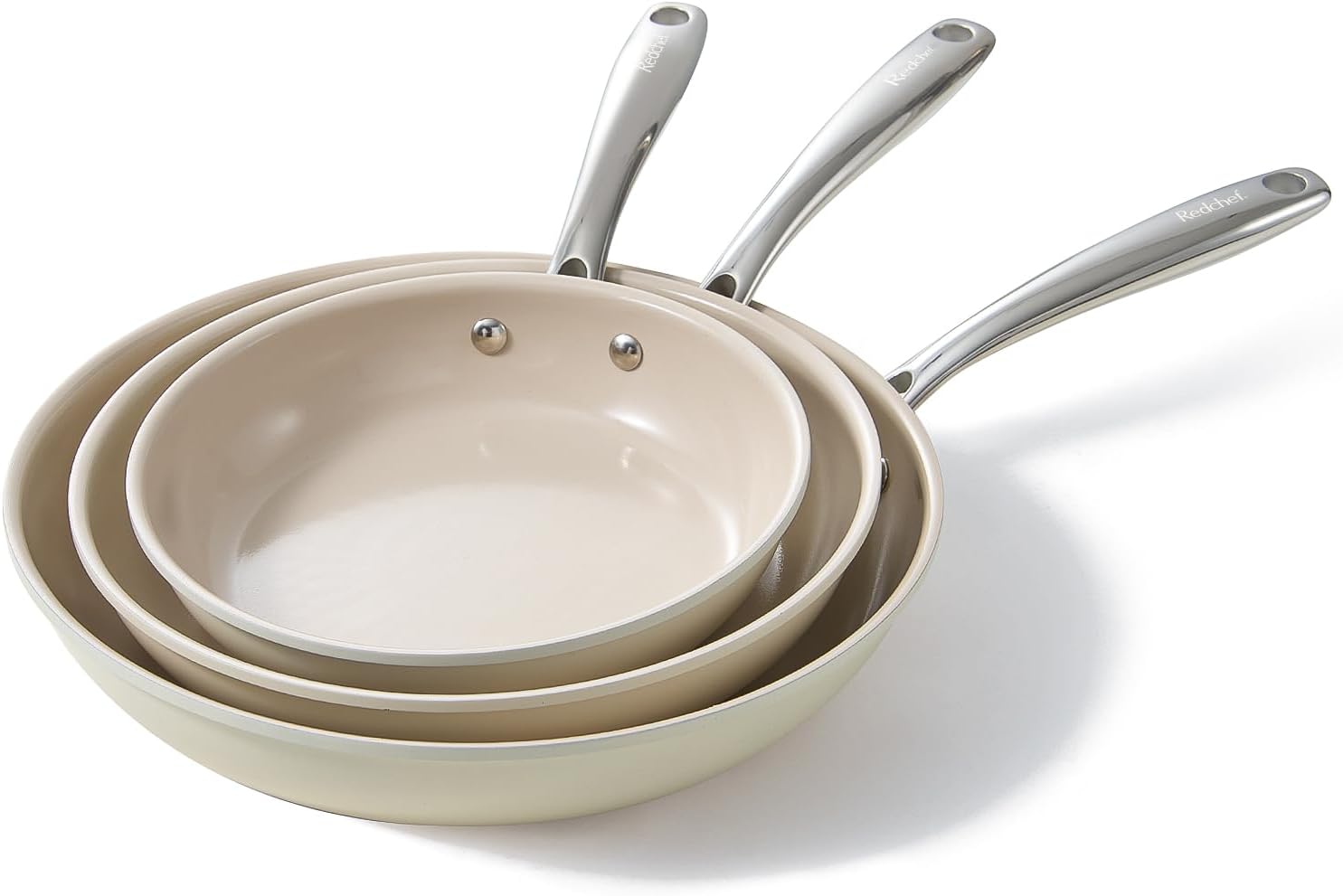 Redchef Cooking Pot Set Induction 5Qt, Saucepan Set 2.5/3.5Qt, 8" 9.5" 11" Ceramic Frying Pan Set, PFAS & PTFE Free with Stay Cool Handle, Dishwasher & Oven Safe(Beige White)