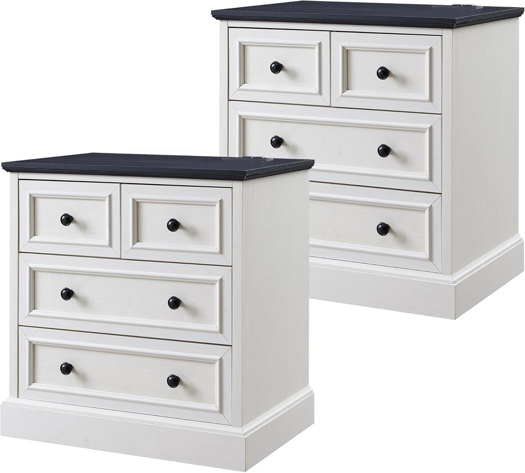ACCOHOHO 26" W Nightstands Set of 2, Farmhouse End Table with 4 Drawers for Storage, Nightstand with Charging Station for Bedroom, Off White
