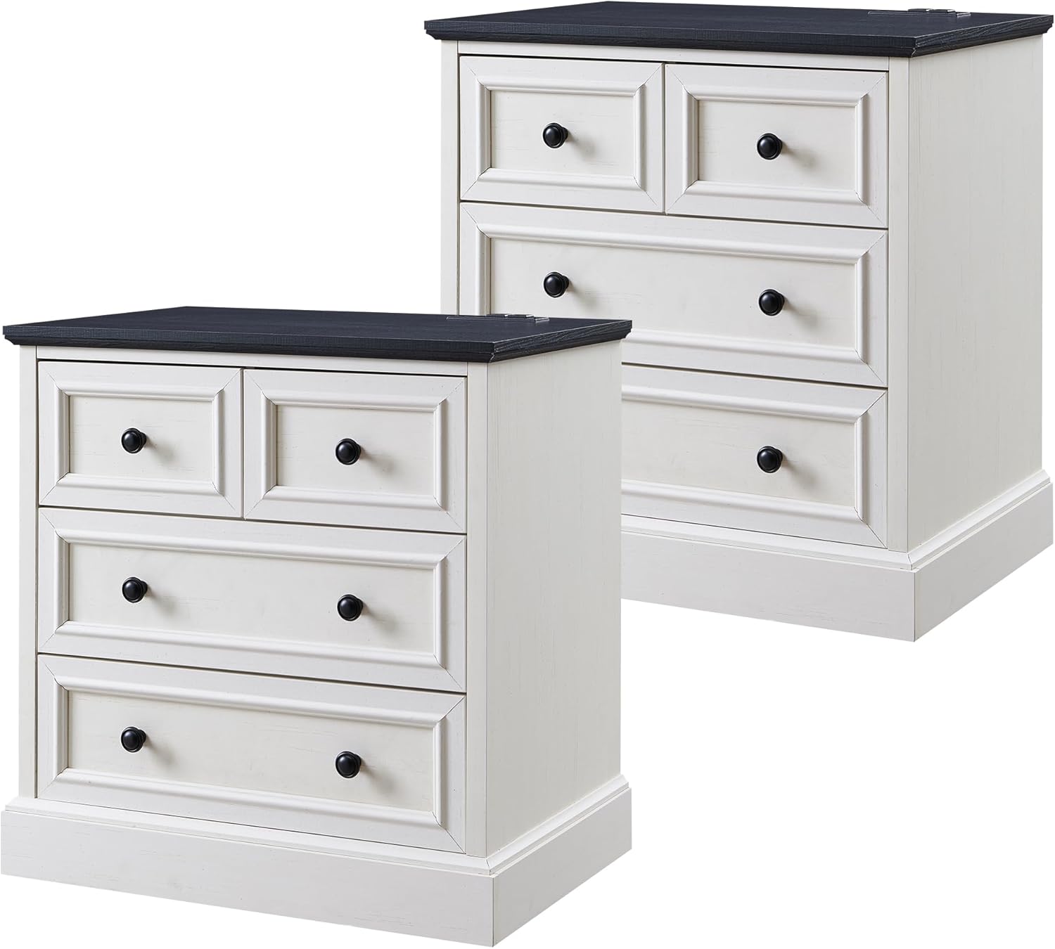 ACCOHOHO 26" W Nightstands Set of 2, Farmhouse End Table with 4 Drawers for Storage, Nightstand with Charging Station for Bedroom, Off White