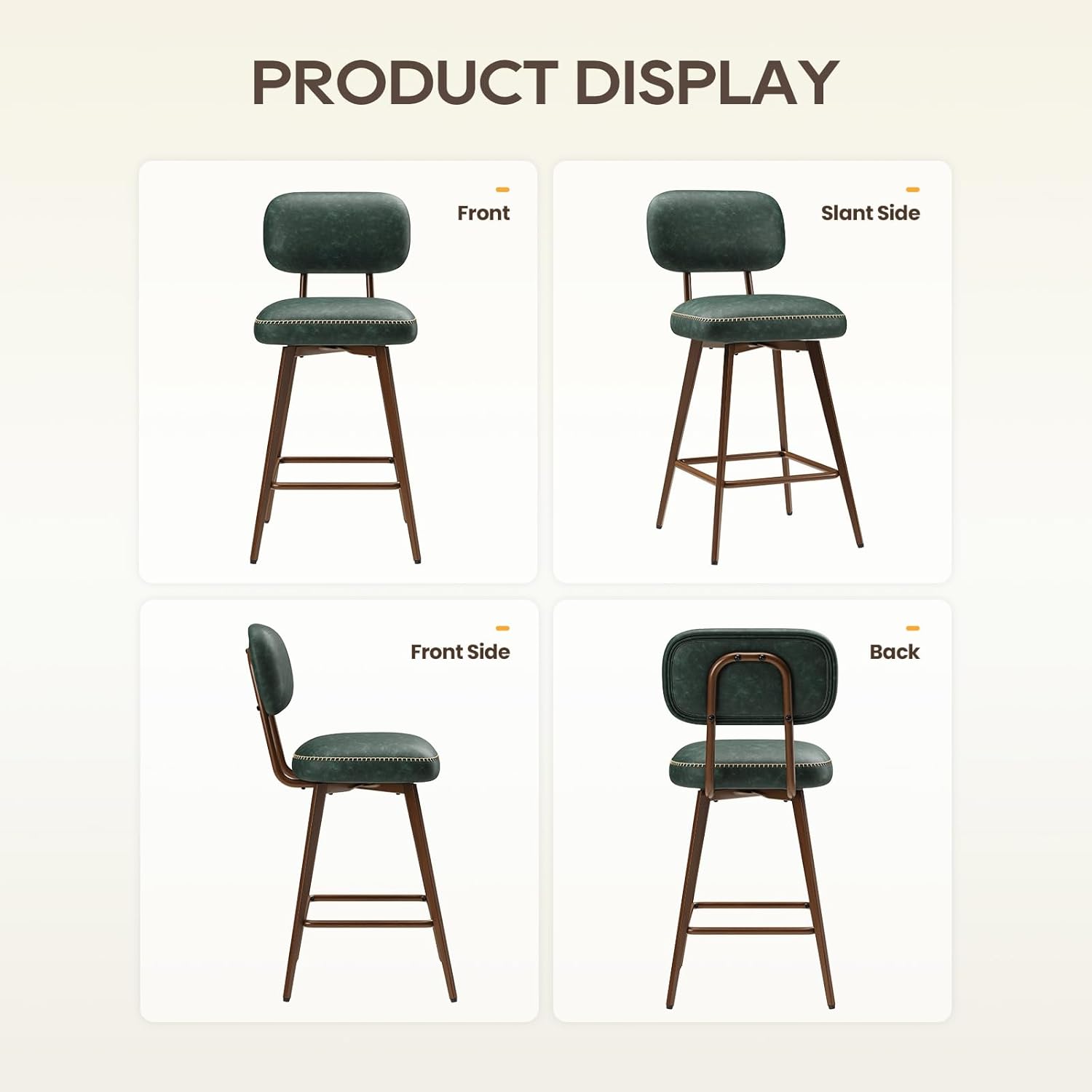 26“ Swivel Bar Stools Set of 4, Mid Century PU Leather Counter Height Bar Chairs with Low Back and Metal Legs, Modern Bar Stool Chair for Kitchen Island, Green