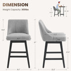 27'' Counter Height Bar Stools Set of 2, Swivel Bar Stools with Backs, Modern Fabric Bar Stools for Kitchen Island, Solid Wood Legs, Adjustable Feet (Fabric - Dark Gray, Set of 2-27" H)
