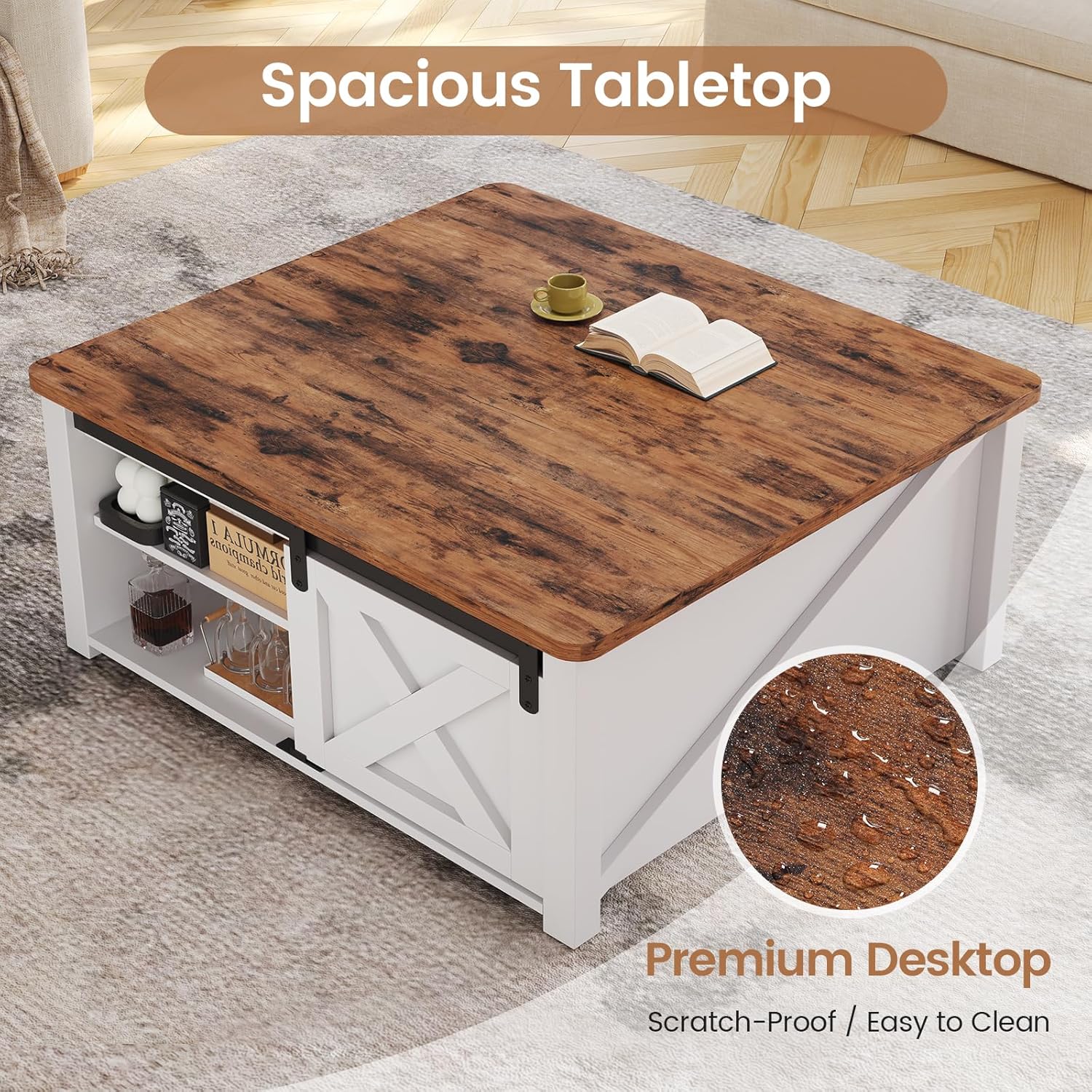 SEDETA 31.5" Lift Top Coffee Table with Storage, Square Coffee Tables for Living Room, Farmhouse Coffee Table with Large Hidden Storage Compartment and Adjustable Shelves, White