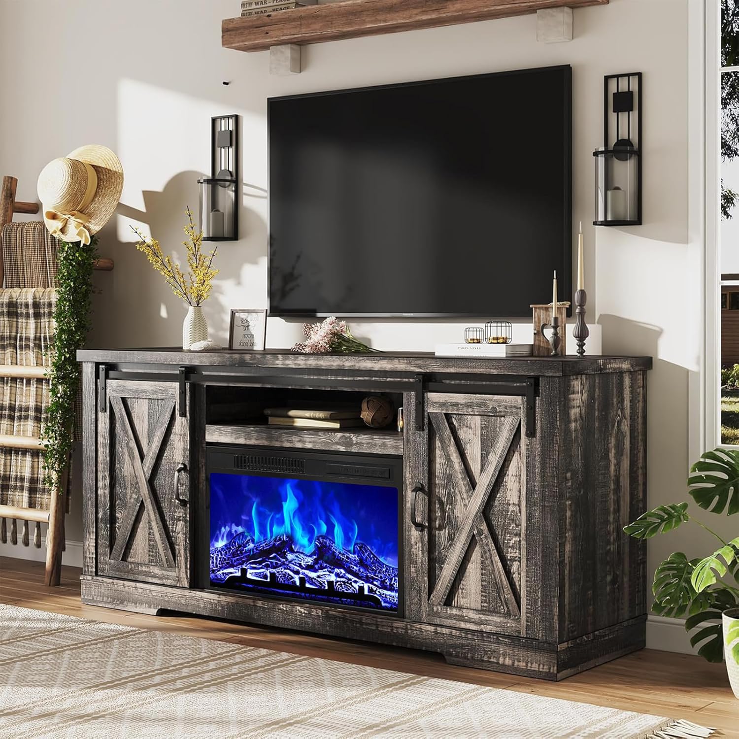 AMERLIFE Fireplace TV Stand with Sliding Barn Door for TVs up to 73", Farmhouse 63" Fireplace Entertainment Center with Storage Cabinets/Adjustable Shelves, Dark Rustic Oak