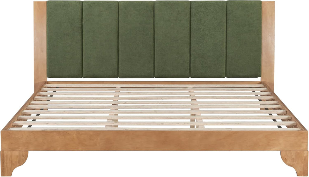 Christopher Knight Home Trisie Mid-Century Modern King Size Bed Frame and Headboard, Solid Wood King Platform Bed Frame with Upholstered Headboard, No Box Spring Needed, Easy Assembly, Natural