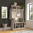 Bush Home Woodland 40W Hall Tree and Shoe Storage Bench with Shelves in White Washed Maple, Cubbies and Coat Hooks for Foyer, Mudroom or Entryway