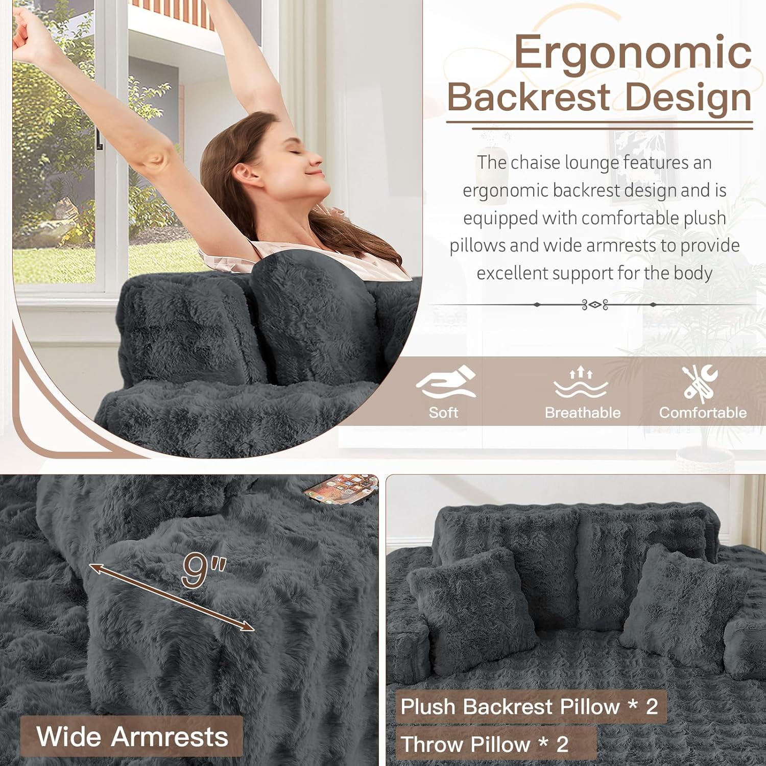 56" W Oversized Chaise Lounge Chair Indoor,Plush Faux Fur Sleeper Couch Sofa Bed with Pillows,Fluffy Comfy Cloud Sofa,Compression Foam Boneless Couch for Living Room,Bedroom(Bubble, Grey)