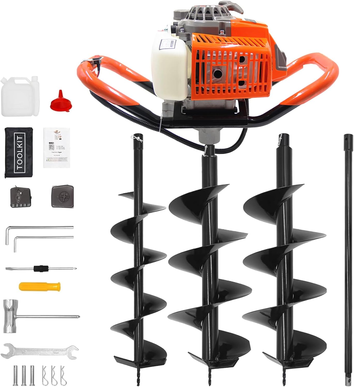 72CC Auger Post Hole Digger  2 Stroke Gas Powered Earth Post Hole Digger with 2 Auger Drill Bits(6" & 8") + 1 Extension Rods for Farm Garden Plant  Orange (72CC)