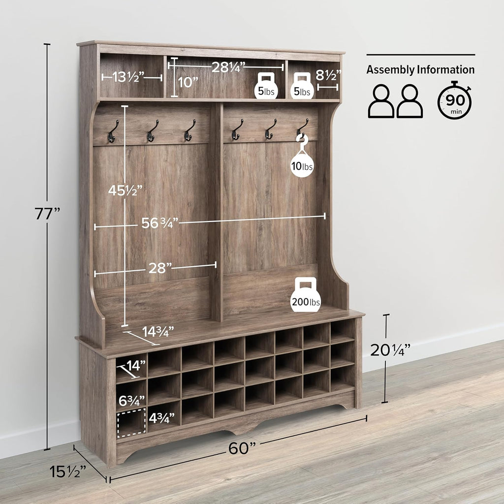 Prepac Gray Hall Tree, Shoe Cabinet, Storage Cabinet with 24 Shoe Cubbies and 6 Double Coat Hooks 15.5" D x 60" W x 77" H