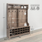 Prepac Gray Hall Tree, Shoe Cabinet, Storage Cabinet with 24 Shoe Cubbies and 6 Double Coat Hooks 15.5" D x 60" W x 77" H