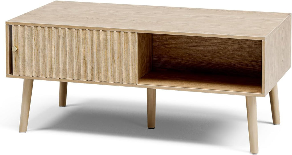 LCRBOL Coffee Table with Storage, Boho Dining Table with Sliding Fluted Door and Solid Wood Legs, Small Coffee Tables for Living Room, Oak