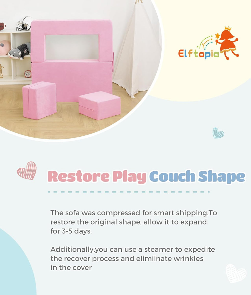 Elftopia Modular Kids Sofa,Toddler Couch Foam Armchair for Kids, Children Convertible Plush Sofa Play Set,Fold Out SofaBed(Pink)