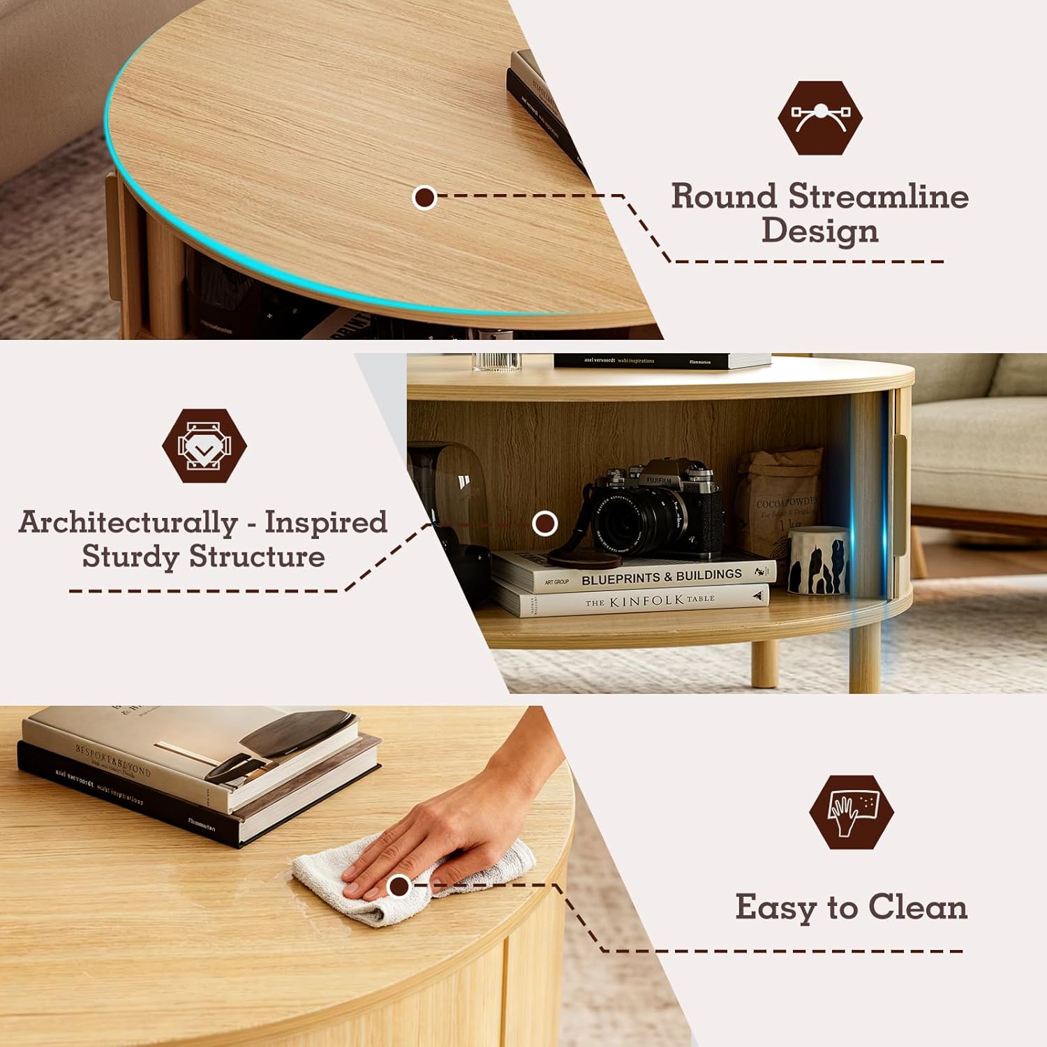 ZttRiee Coffee Table for Living Room, Modern Round Coffee Table with Cabinets & Sliding Doors, Home Small Space, 29.9" Fluted Center Table, Natual