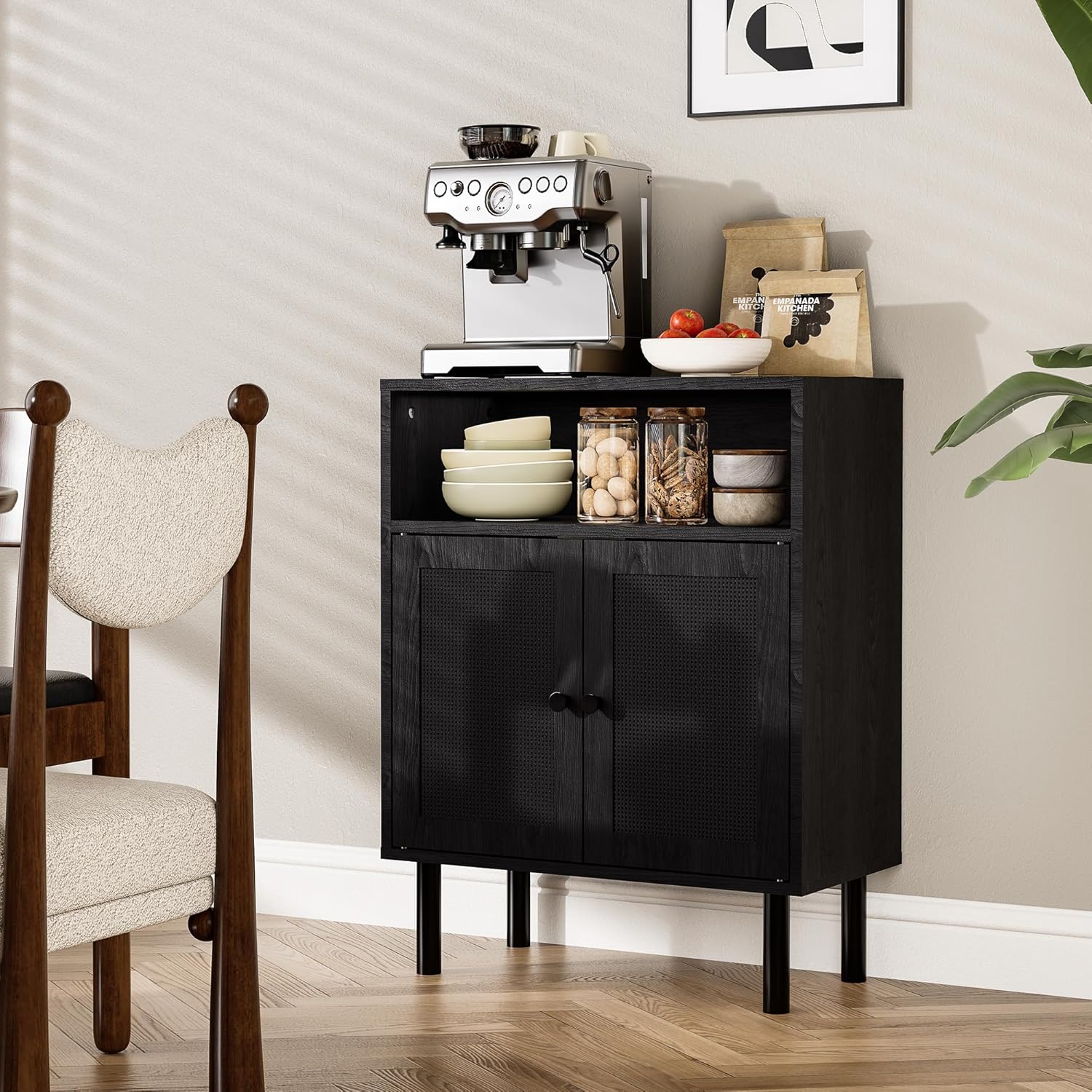 Rattan Storage Cabinet, Boho Accent Cabinet with Double Doors, Small Freestanding Sideboard for Hallway, Laundry Room,Kitchen, Dining Room, Entryway (Black)