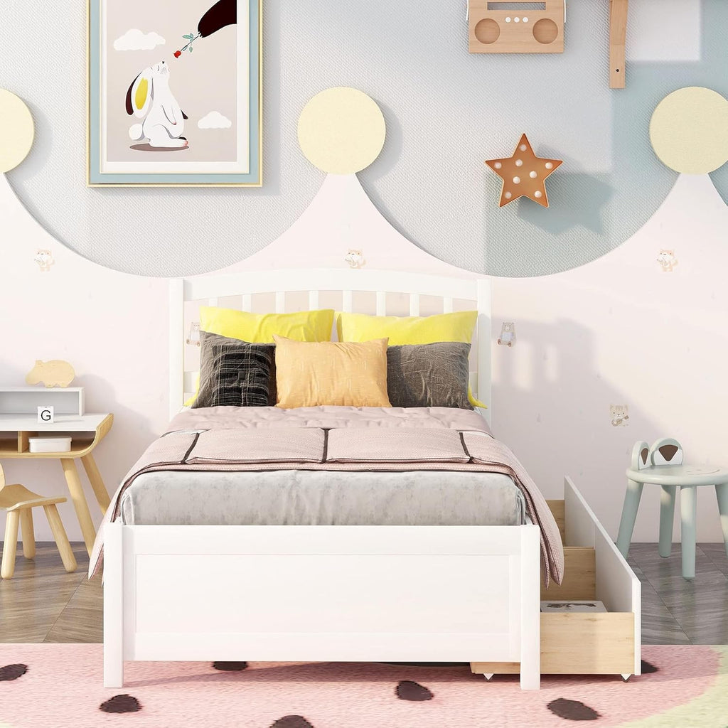 Solid Wood Platform Bed Twin Size with 2 Storage Drawers for Kids,Twin Size Low Platform Bed Frame with Curved Headboard,Footboard and Under Bed Space for Boys Girls Bedroom,Easy Assembly,White