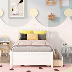 Solid Wood Platform Bed Twin Size with 2 Storage Drawers for Kids,Twin Size Low Platform Bed Frame with Curved Headboard,Footboard and Under Bed Space for Boys Girls Bedroom,Easy Assembly,White