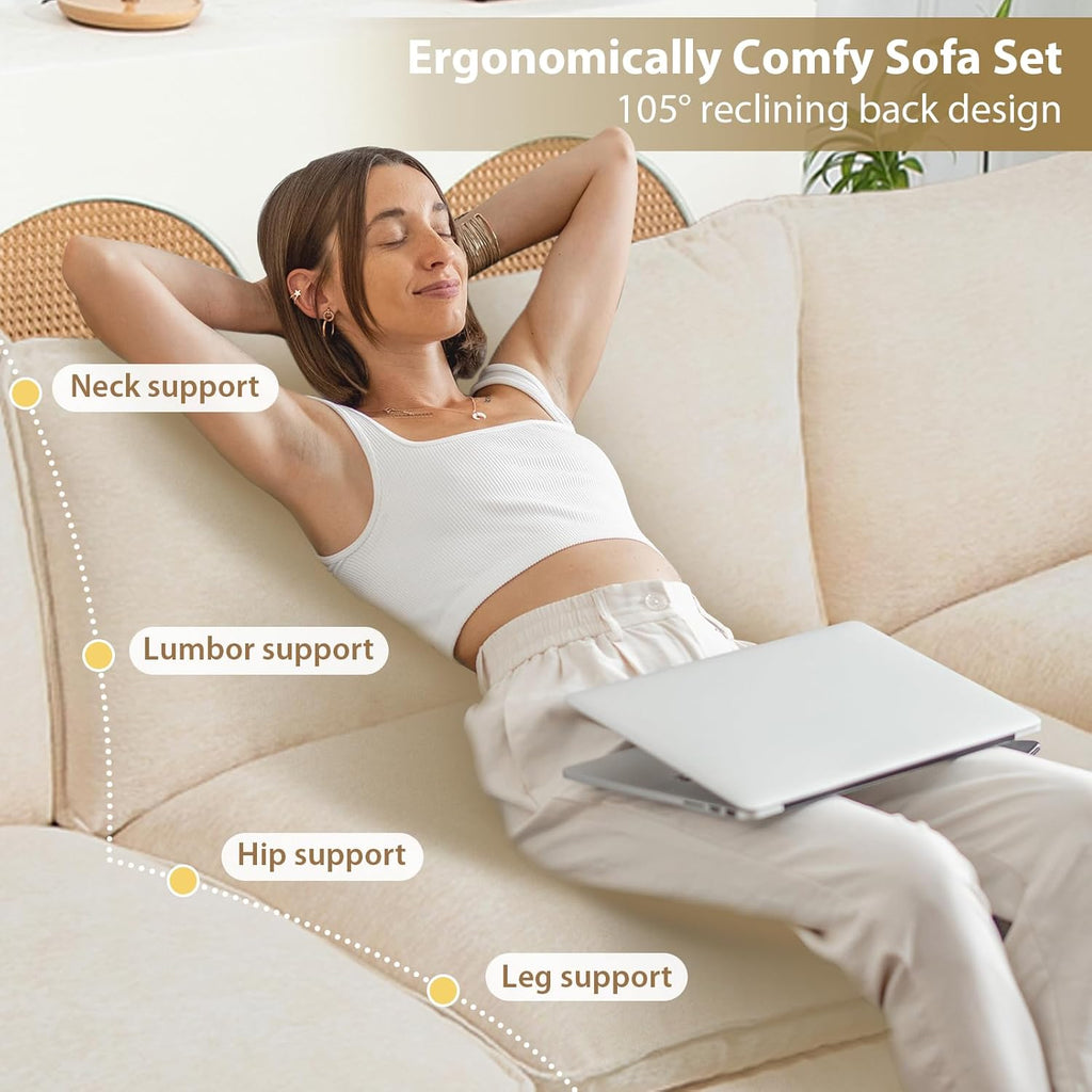 Oversized Modular Sectional Sofa, 80 Inch L Shaped Cloud Couch Set, 2-Seat Comfy Convertible Sofa with 1 Movable Ottoman, DIY Combination Sleeper Couch for Living Room(Chenille, Beige)