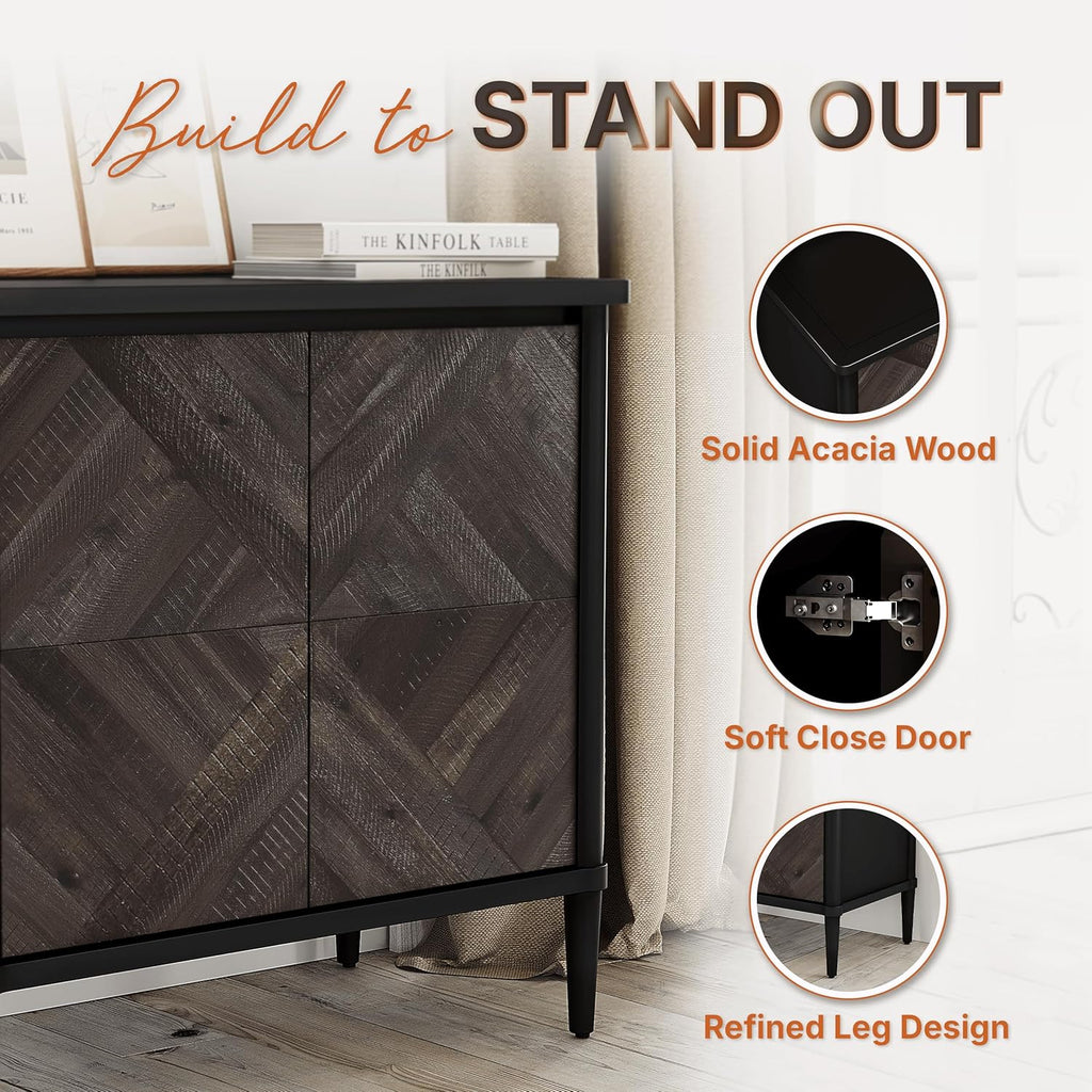 Howizz Lenia Solid Wood Storage Cabinet with Diamond Pattern Doors, Rustic Farmhouse Accent Cabinet for Living Room, or Entryway, Durable Acacia Wood, Mocha Black