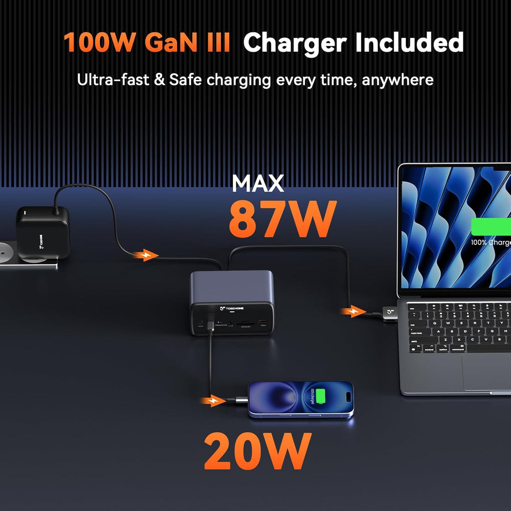 TobenONE MacBook Docking Station Dual 4K@60Hz  16-in-2 USB C Docking Station with 2 HDMI Ports  7 USB Ports  100W GaN Power Supply & 20W Charging  2.5Gbps Ethernet  for Home & Office