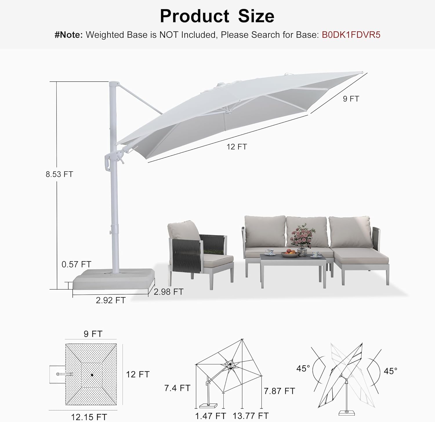 PURPLE LEAF 9' X 12' Right-left Tilt Patio Umbrella Swivel White Cantilever Umbrella with Tilt Aluminum Outdoor Umbrella with 360° Rotation for Deck Pool Garden, White