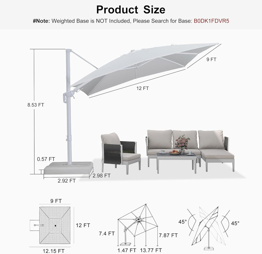 PURPLE LEAF 9' X 12' Right-left Tilt Patio Umbrella Swivel White Cantilever Umbrella with Tilt Aluminum Outdoor Umbrella with 360° Rotation for Deck Pool Garden, White