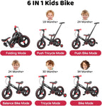 JMMD 6 in 1 Toddler Bike with Push Handle for Kids 18-60 Months, 12" Foldable Balance Bike with Training Wheels, Pedals, Brakes, Kickstand, Push Tricycle Toddler Gift & Toys for Boy & Girl