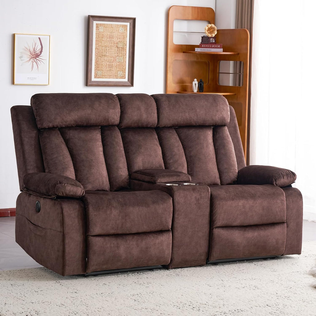Power Reclining Loveseat with Console, Electric Double Recliner with USB/Type C/Side Pocket/Cup Holders, RV Recliners Wall Hugger Reclining Loveseat for Living Room & RV & Home Theater